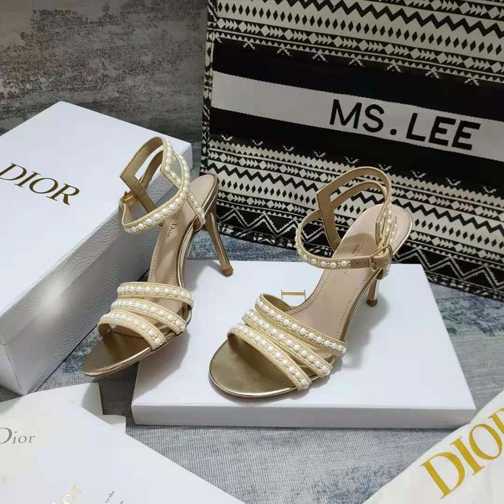 Dior Women Gem Heeled Sandal Cotton Embroidered with Gold-Tone Metallic Thread and White Beads and Strass - image 5