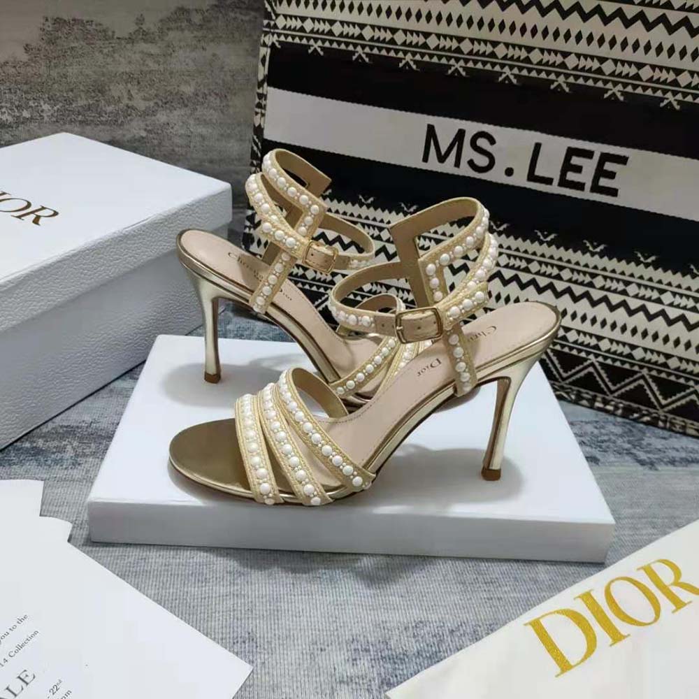 Dior Women Gem Heeled Sandal Cotton Embroidered with Gold-Tone Metallic Thread and White Beads and Strass - image 4