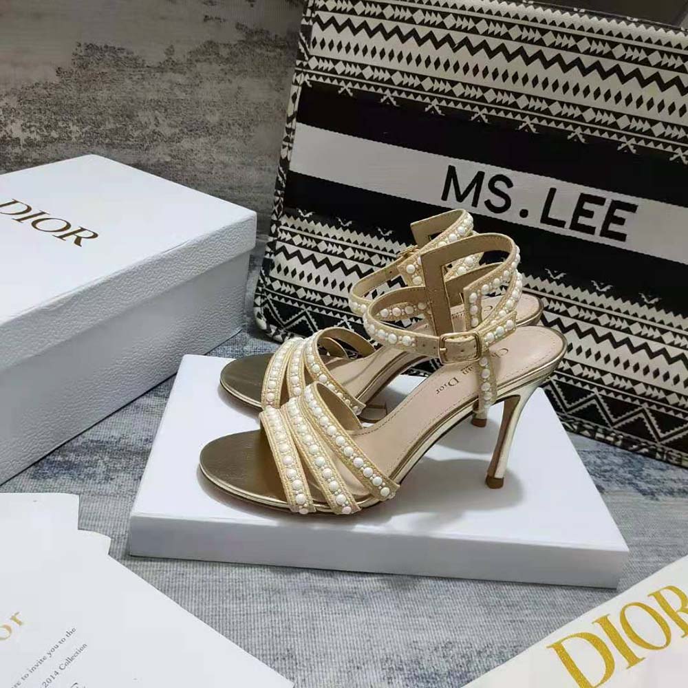 Dior Women Gem Heeled Sandal Cotton Embroidered with Gold-Tone Metallic Thread and White Beads and Strass - image 6