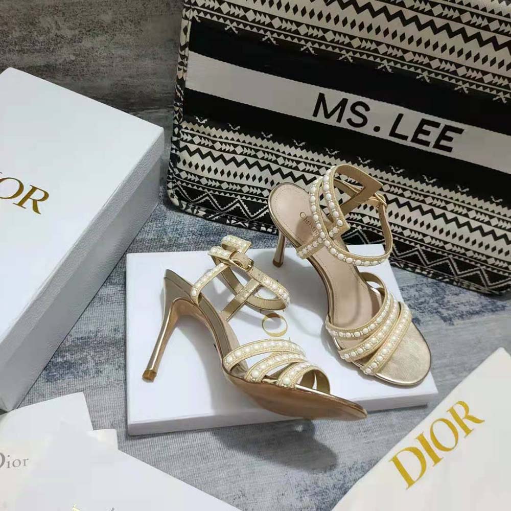 Dior Women Gem Heeled Sandal Cotton Embroidered with Gold-Tone Metallic Thread and White Beads and Strass - image 7
