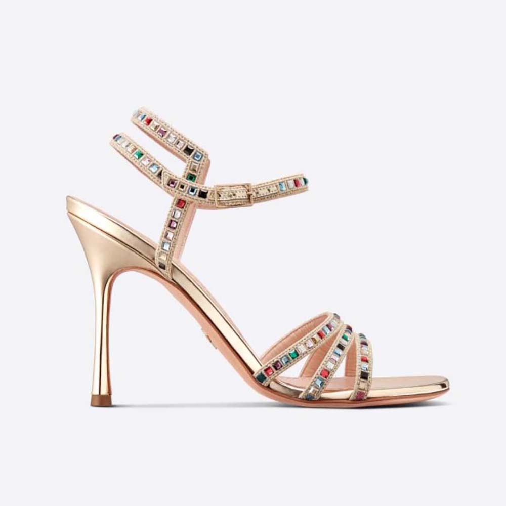 Side view of Dior Women Gem Heeled Sandal Gold-Tone Cotton Embroidered