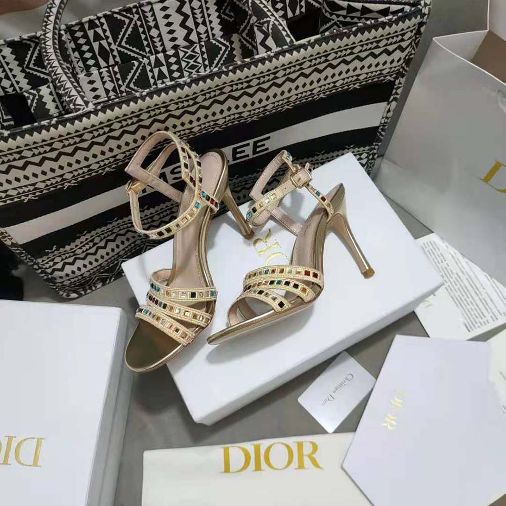 Detail of embroidered cotton and gem on Dior Women Gem Heeled Sandal