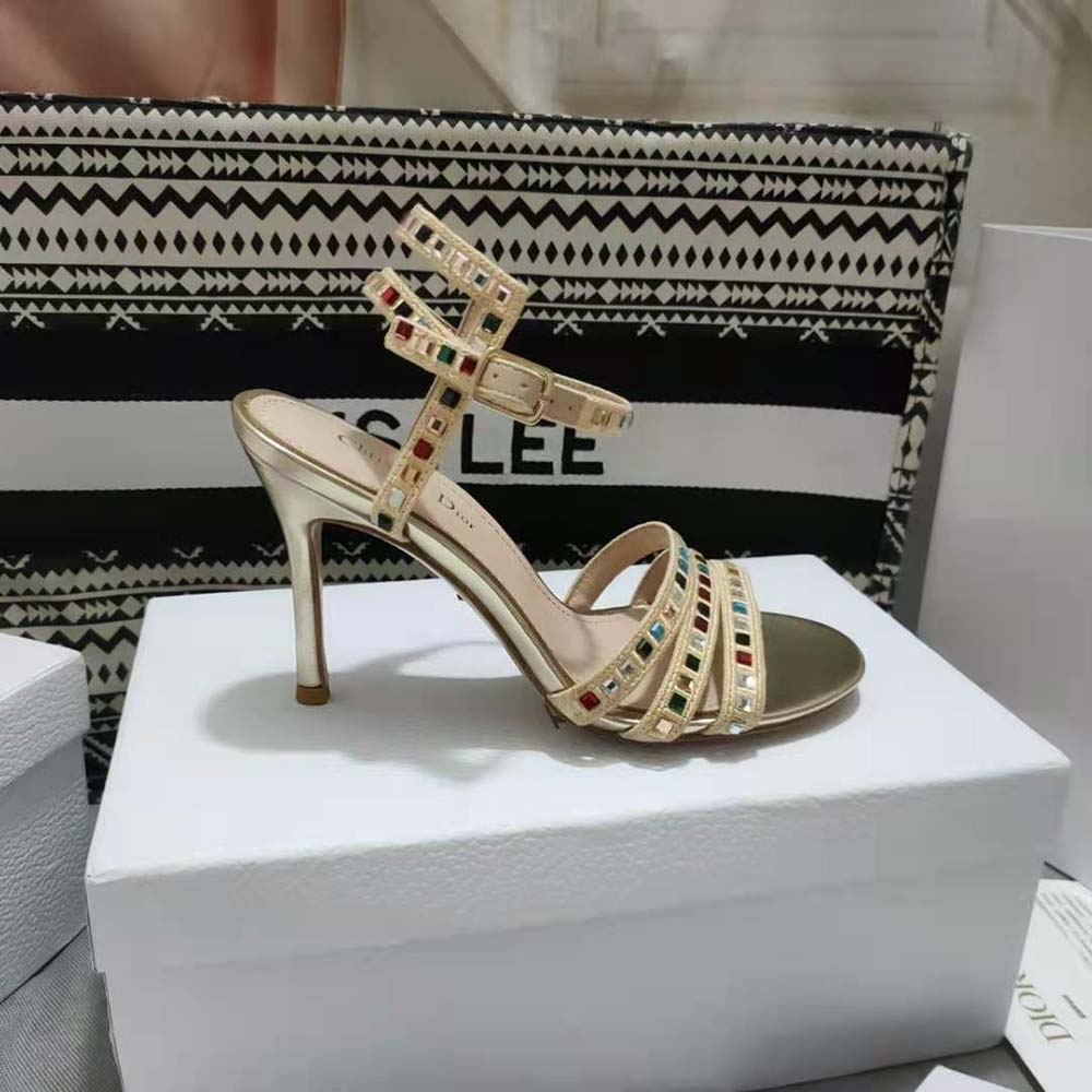 Dior Women Gem Heeled Sandal Gold-Tone Cotton Embroidered - image 5