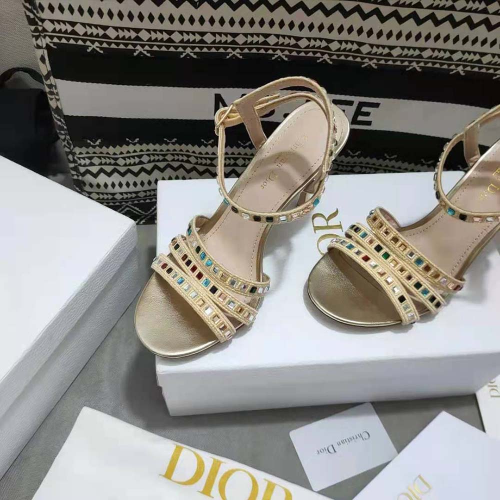 Dior Women Gem Heeled Sandal Gold-Tone Cotton Embroidered - image 8