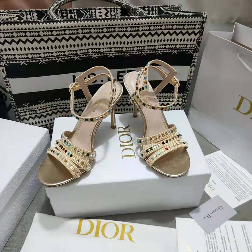 Dior Women Gem Heeled Sandal Gold-Tone Cotton Embroidered - image 4