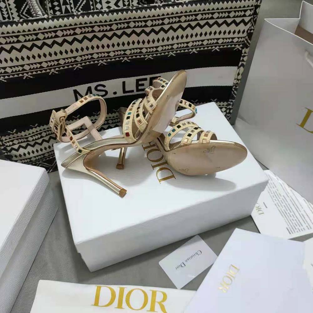 Dior Women Gem Heeled Sandal Gold-Tone Cotton Embroidered - image 6