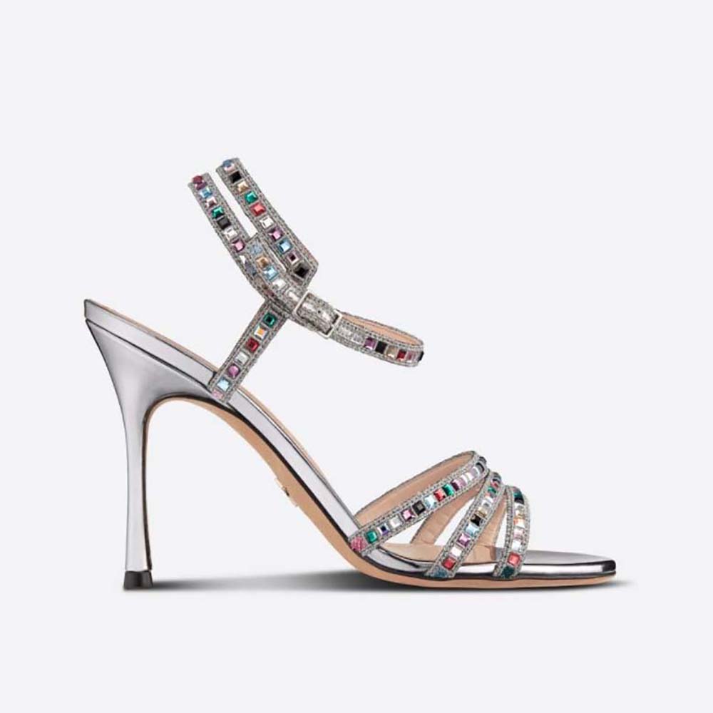 Side profile of Dior Women Gem Heeled Sandal Silver-Tone Cotton Embroidered