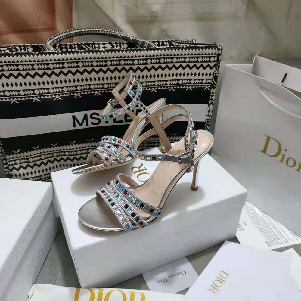 Close-up on gem detail and silver-tone buckle on Dior Women Gem Heeled Sandal