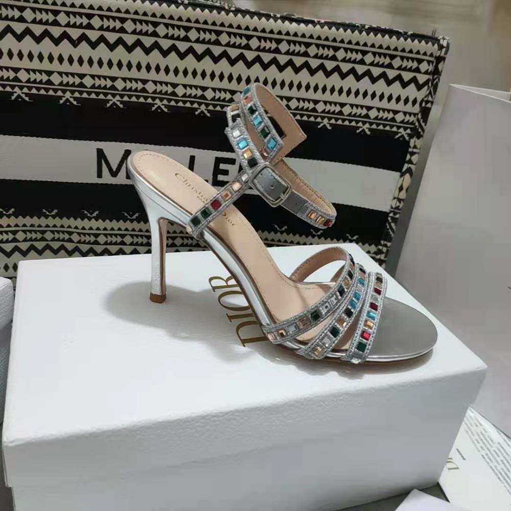 Dior Women Gem Heeled Sandal Silver-Tone Cotton Embroidered - image 6