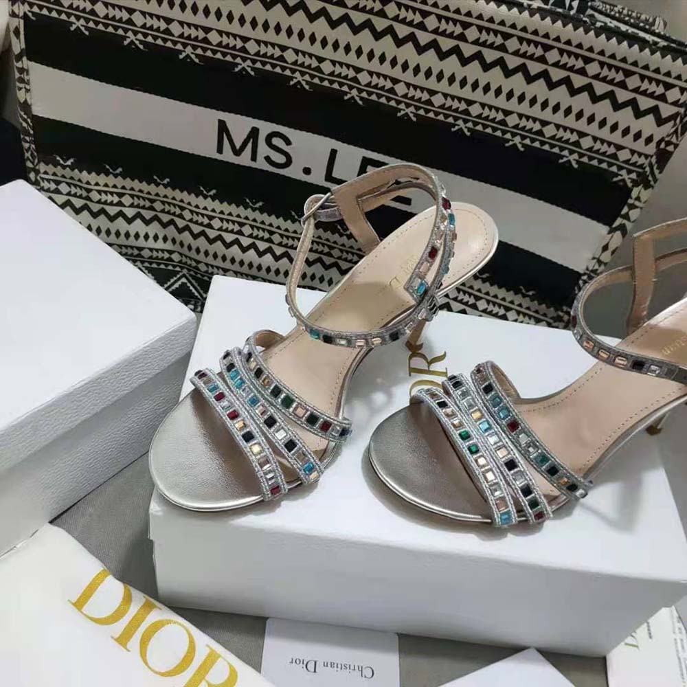 Dior Women Gem Heeled Sandal Silver-Tone Cotton Embroidered - image 4