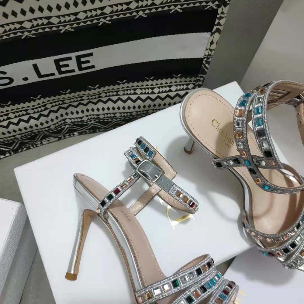 Dior Women Gem Heeled Sandal Silver-Tone Cotton Embroidered - image 5