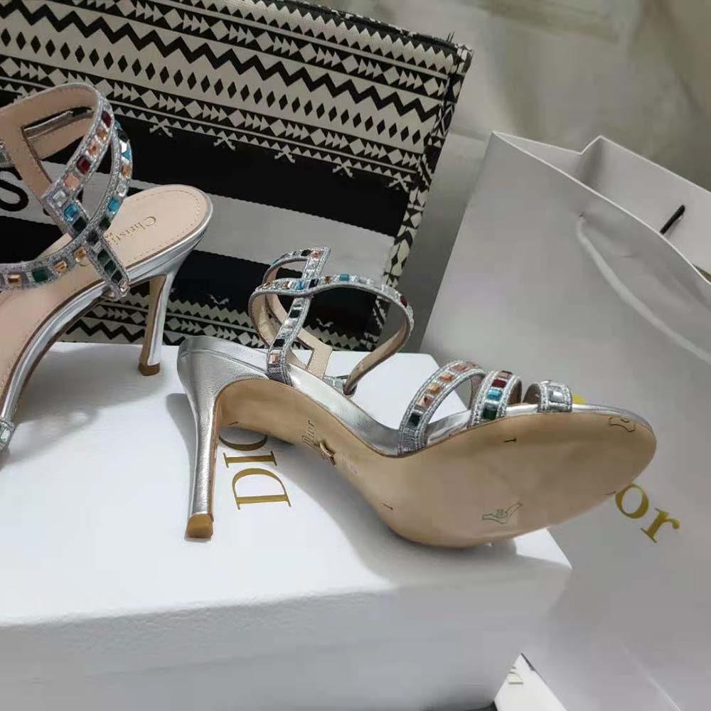 Dior Women Gem Heeled Sandal Silver-Tone Cotton Embroidered - image 7