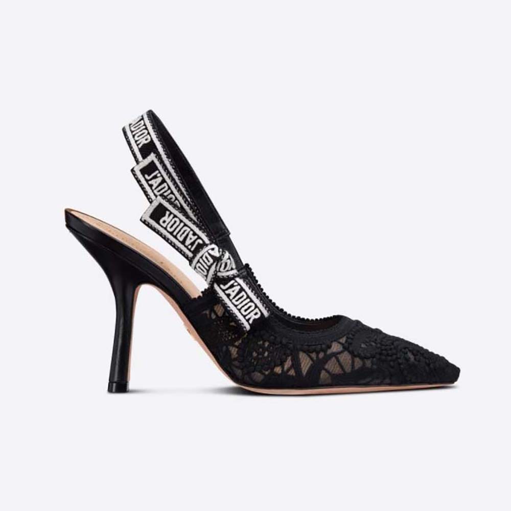 Side view of Dior Women J Adior Slingback Pump Black Macramé Embroidered Cotton