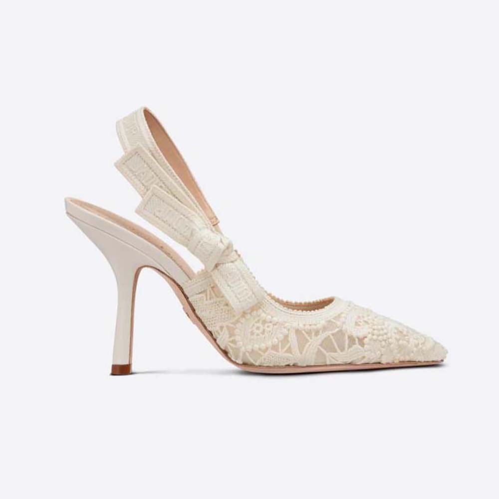 Side profile of Dior Women J Adior Slingback Pump White Macramé Embroidered Cotton