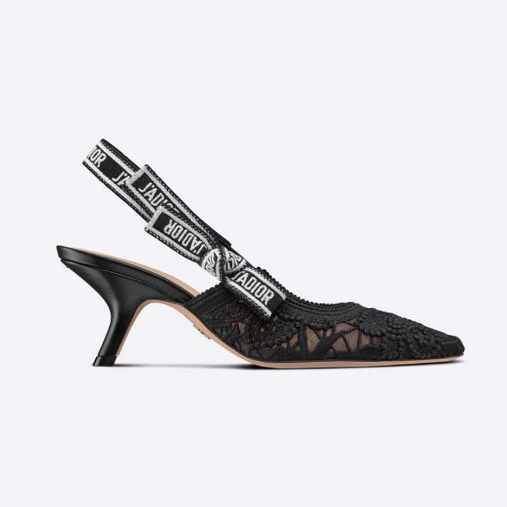 Side profile of Dior Women J Sdior Slingback Pump Black Macramé Embroidered Cotton