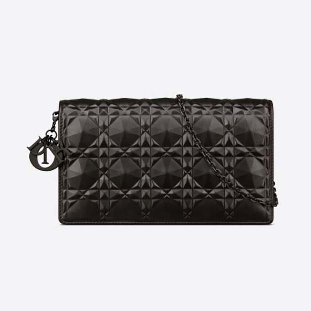 Front view of Dior Women Lady Dior Pouch Black Cannage Calfskin with diamond motif