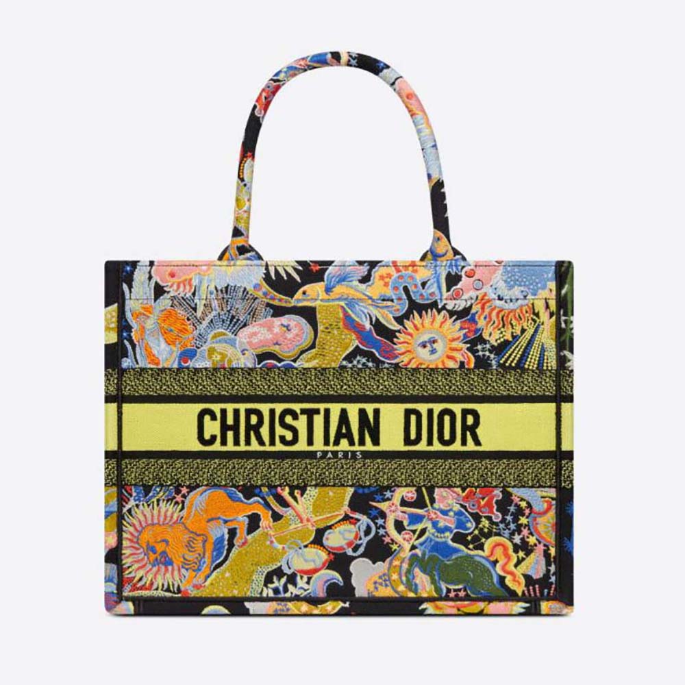 Front angle of Dior Women Medium Dior Book Tote Black Multicolor Zodiac embroidery