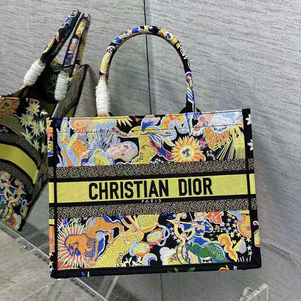 Close-up detail of zodiac embroidery on Dior Women Medium Dior Book Tote