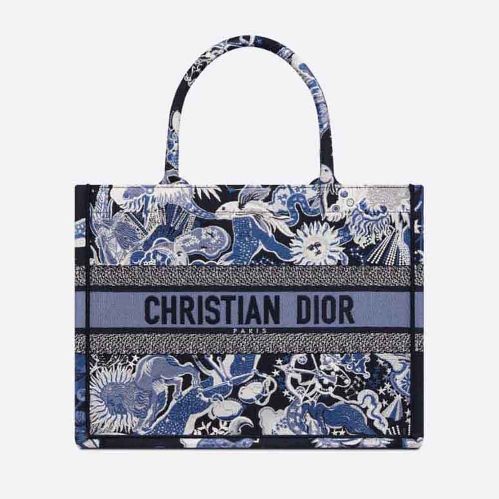 Front view of Dior Women Medium Dior Book Tote Blue Multicolor Dior Zodiac Fantastico Embroidery