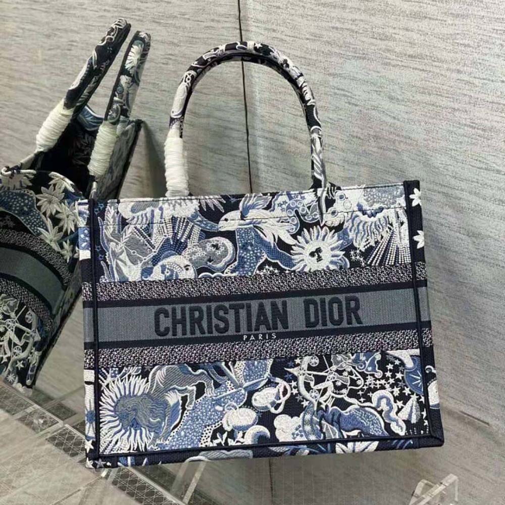 Close-up of zodiac embroidery on Dior Women Medium Dior Book Tote Blue Multicolor