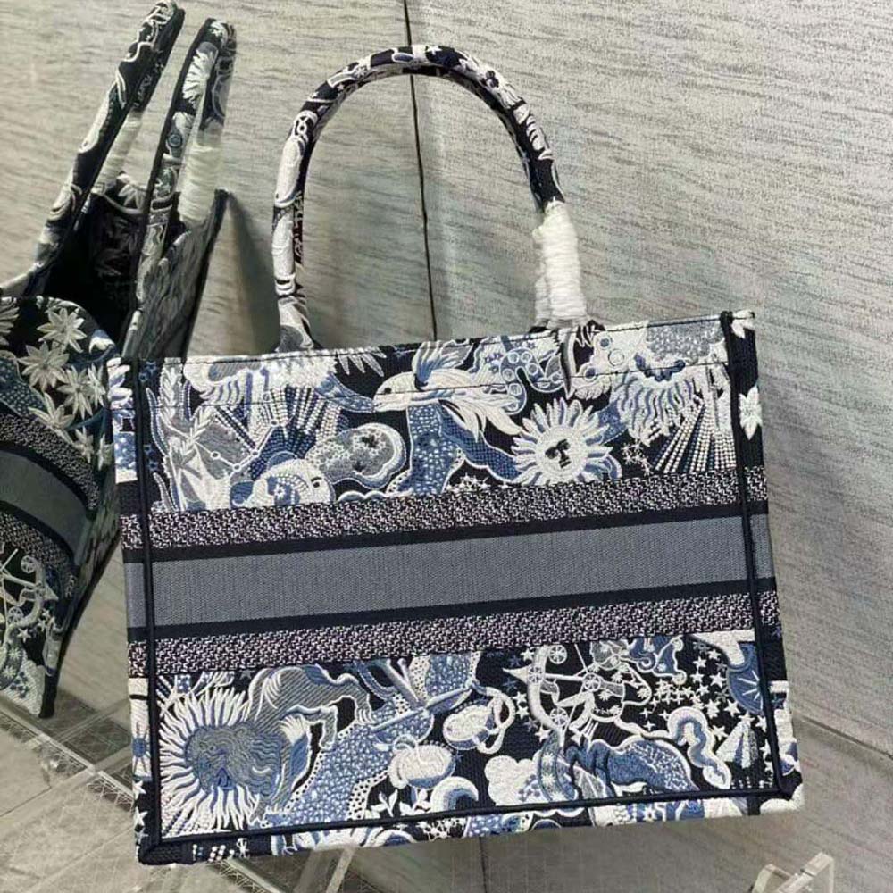 Side angle showing silver hardware on Dior Women Medium Dior Book Tote Blue Multicolor