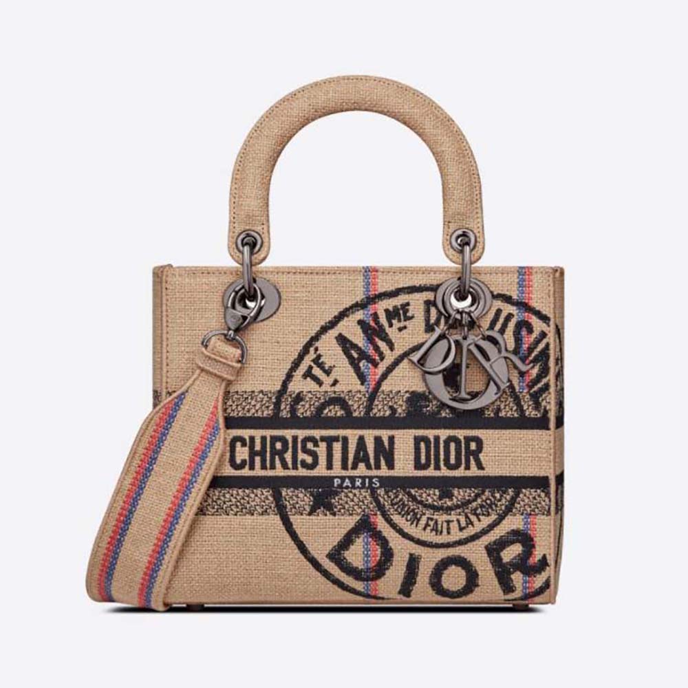 Front view of Dior Women Medium Lady D-Lite Bag Beige Jute Canvas Embroidered with Dior Union Motif