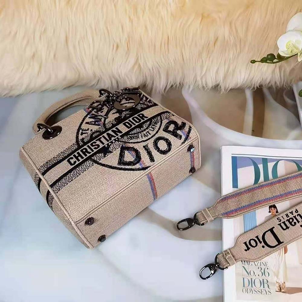 Dior Women Medium Lady D-Lite Bag Beige Jute Canvas Embroidered with Dior Union Motif - image 6