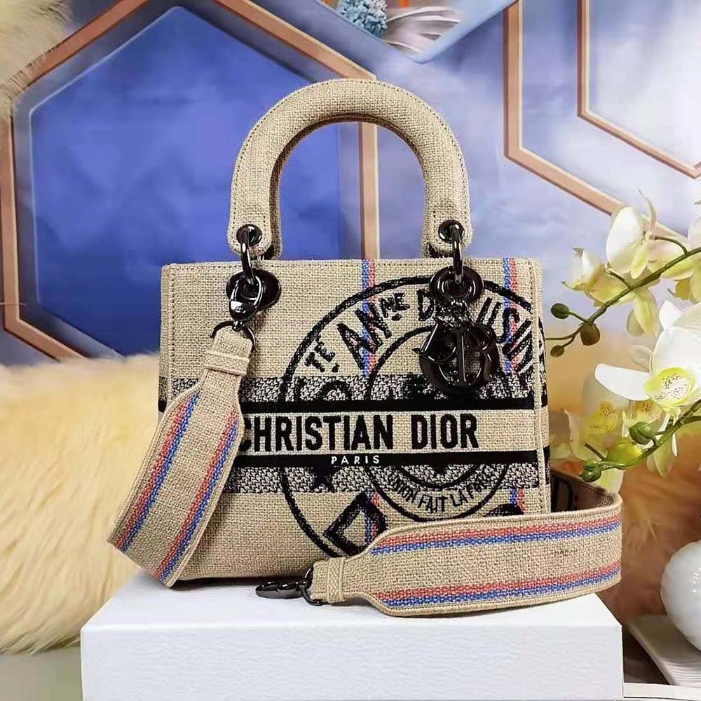 Close-up detail of embroidered Dior Union motif on Lady D-Lite Bag