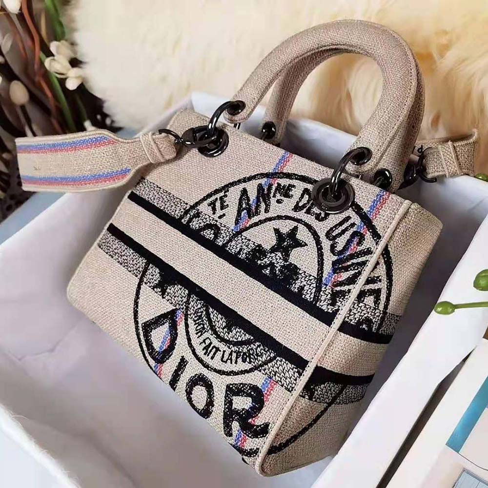 Dior Women Medium Lady D-Lite Bag Beige Jute Canvas Embroidered with Dior Union Motif - image 4