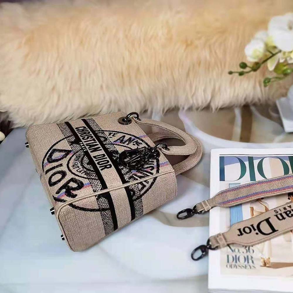 Dior Women Medium Lady D-Lite Bag Beige Jute Canvas Embroidered with Dior Union Motif - image 7