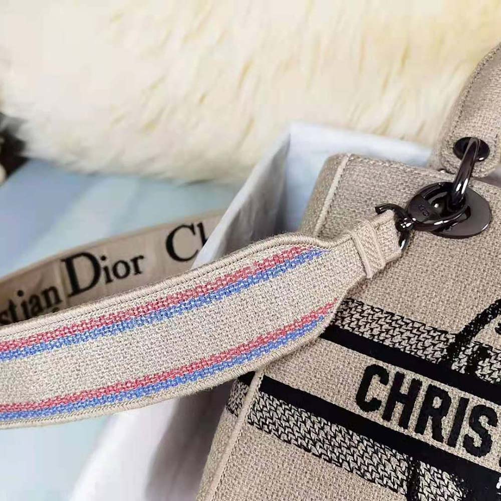 Dior Women Medium Lady D-Lite Bag Beige Jute Canvas Embroidered with Dior Union Motif - image 9