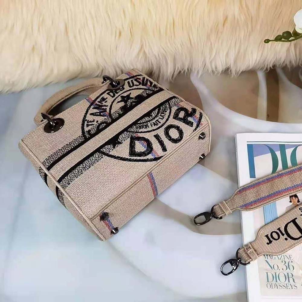 Dior Women Medium Lady D-Lite Bag Beige Jute Canvas Embroidered with Dior Union Motif - image 5