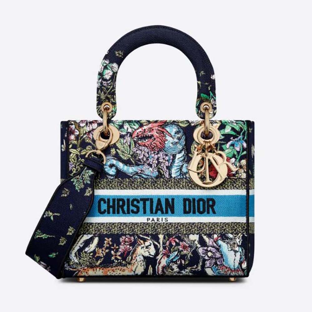 Front view of Dior Women Medium Lady D-Lite Bag Blue Multicolor D-Constellation Embroidery