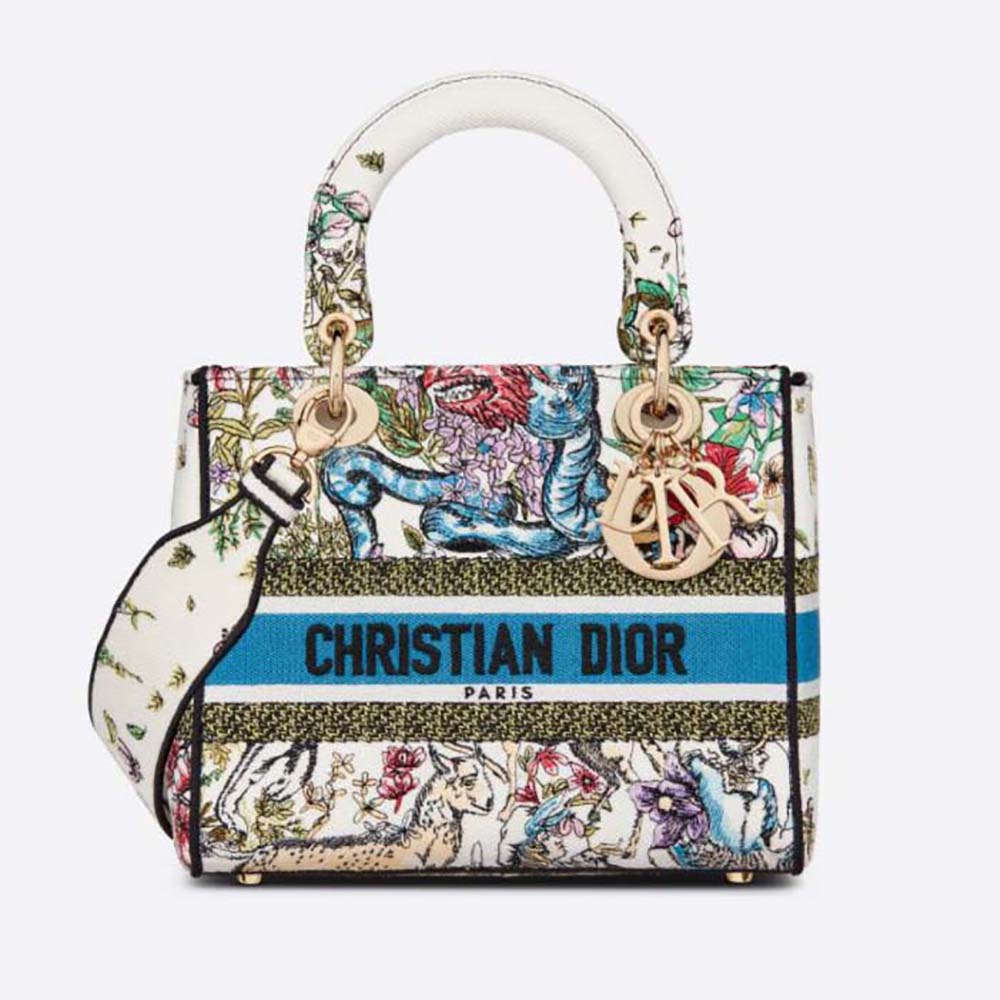 Front view of Dior Women Medium Lady D-Lite Bag Latte Multicolor D-Constellation Embroidery