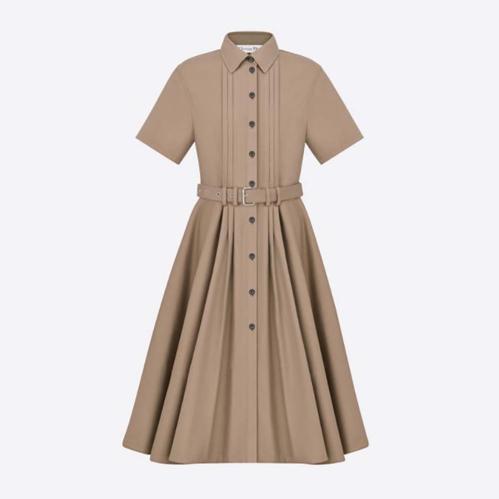 Front view of Dior Women Mid-Length Belted Pleated Dress in beige