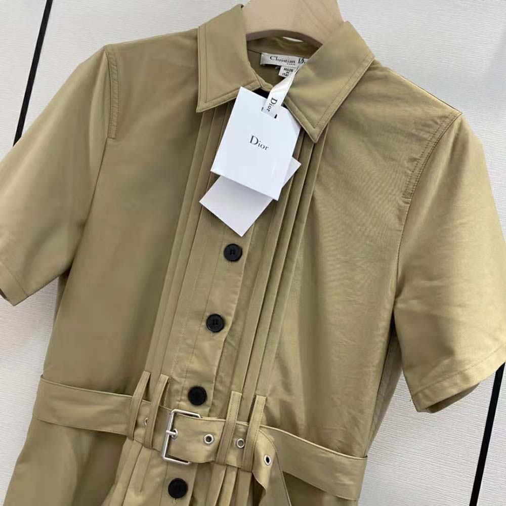 Dior Women Mid-Length Belted Pleated Dress Beige Technical Cotton Gabardine - image 5