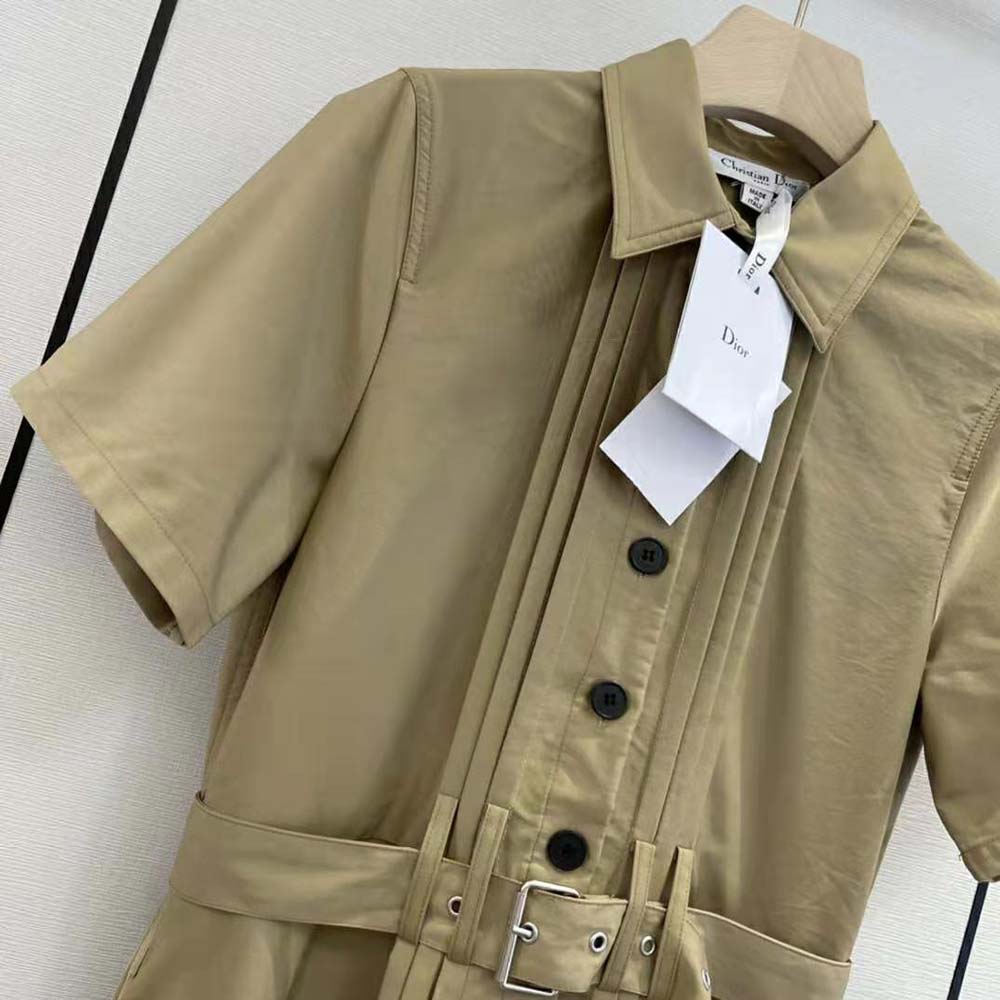 Dior Women Mid-Length Belted Pleated Dress Beige Technical Cotton Gabardine - image 4