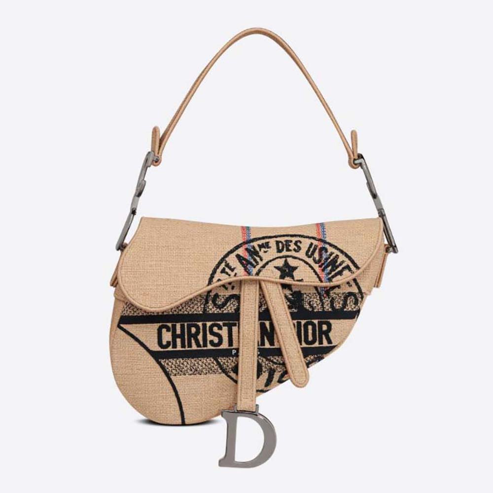 Front view of Dior Women Saddle Bag Beige Jute Canvas Embroidered with Dior Union Motif