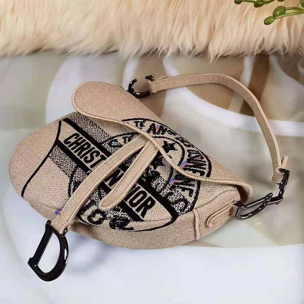 Dior Women Saddle Bag Beige Jute Canvas Embroidered with Dior Union Motif - image 4