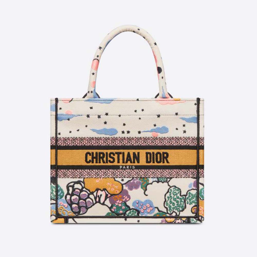 Front view of Dior Women Small Dior Book Tote Latte Dior Ciel de Rêve Embroidery in white