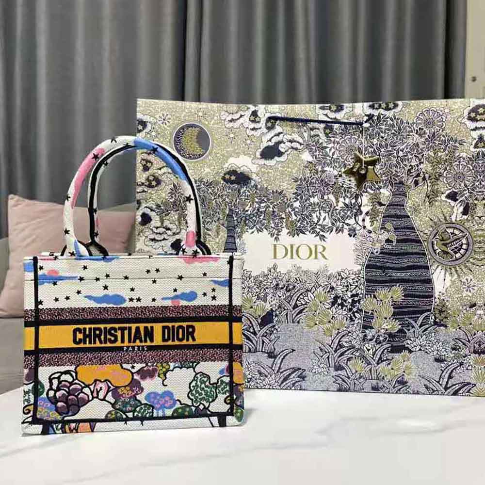Close-up of Latte Dior Ciel de Rêve embroidery detail on Dior Women Small Book Tote