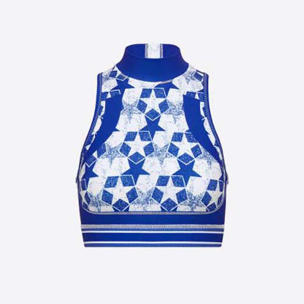 Front view of Dior Women Sports Bra Fluorescent Blue Dior Étoile Technical Jersey