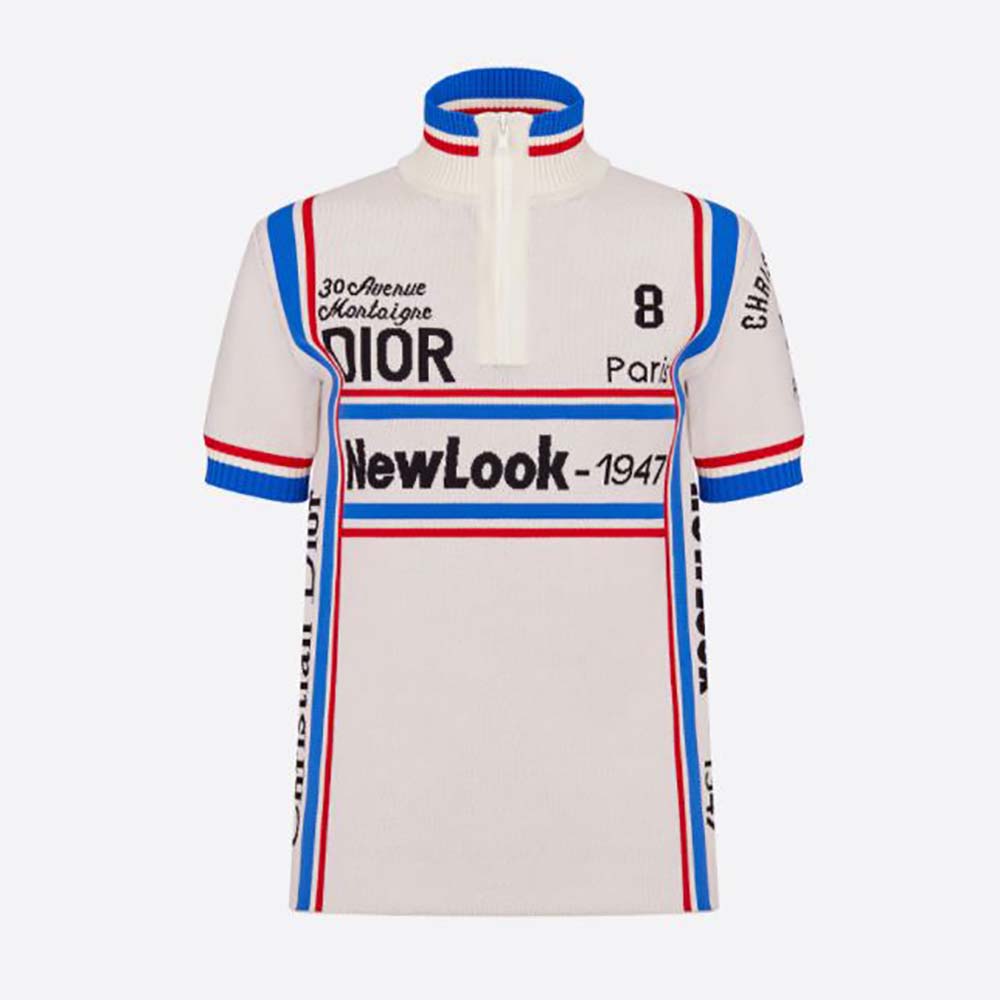 Front view of Dior Women Stand Collar Top White and Tricolor Stretch Viscose