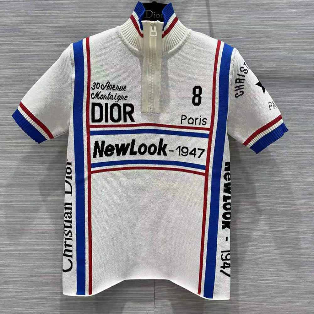 Close-up of tricolor detailing and stand collar on Dior Women Stand Collar Top