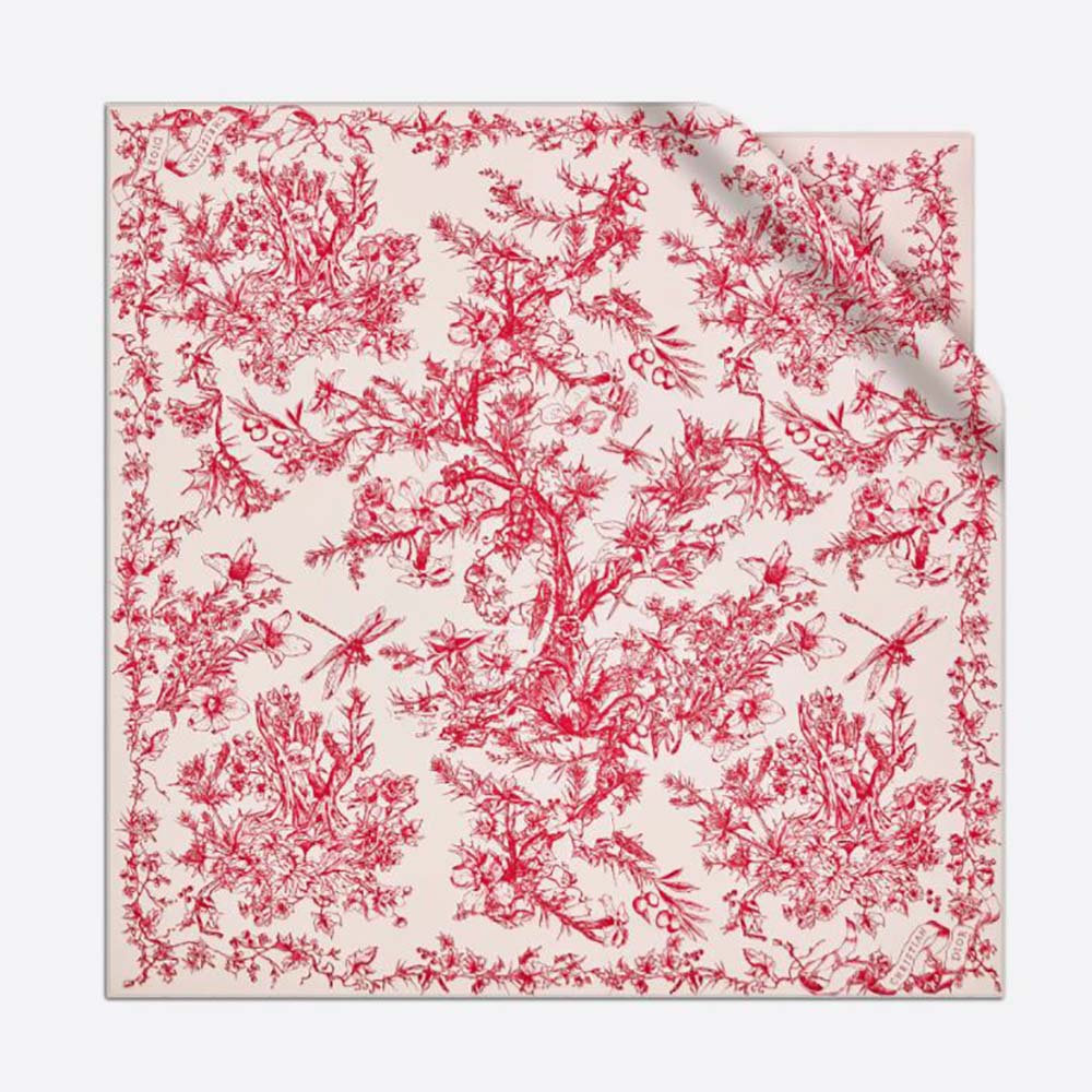 Close-up of Dior Women Toile De Jouy Flowers Square Scarf ivory red silk twill print