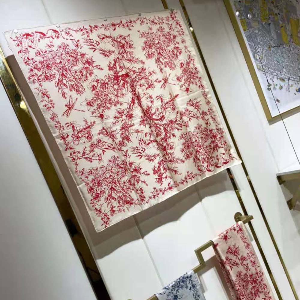 Dior Women Toile De Jouy Flowers Square Scarf Ivory and Red Silk Twill - image 6