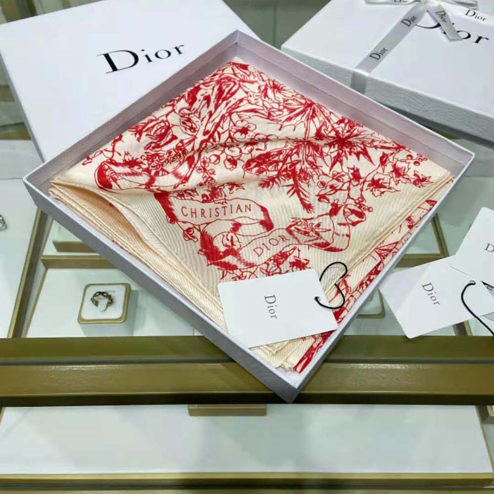 Dior Women Toile De Jouy Flowers Square Scarf Ivory and Red Silk Twill - image 7