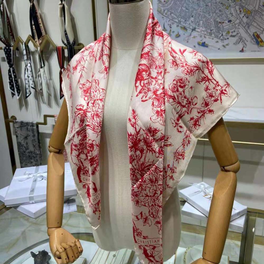Dior Women Toile De Jouy Flowers Square Scarf Ivory and Red Silk Twill - image 4