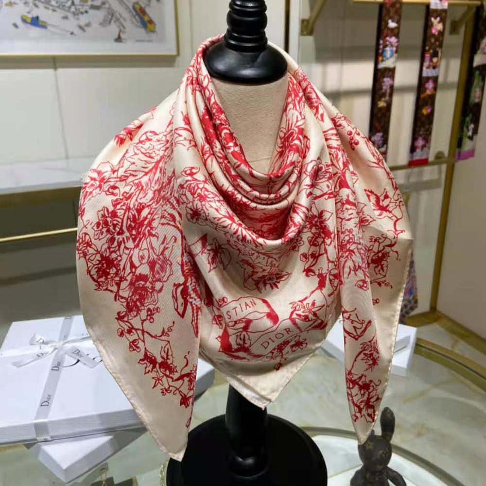 Flat lay showing full square shape of Dior Women Toile De Jouy Flowers Scarf
