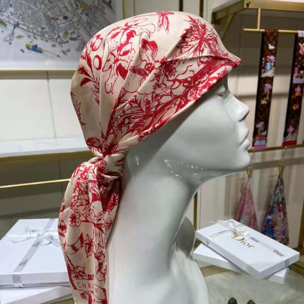 Dior Women Toile De Jouy Flowers Square Scarf Ivory and Red Silk Twill - image 5